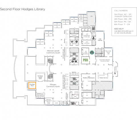 map of Hodges Library 2nd floor highlighting the location of the math tutoring center