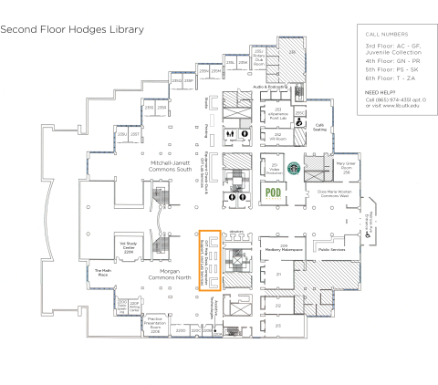 map of Hodges Library 2nd floor highlighting the location of the OIT help desk