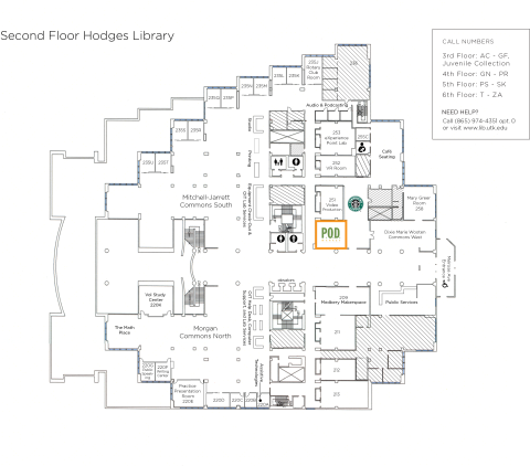 map of Hodges Library 2nd floor highlighting the location of the POD market