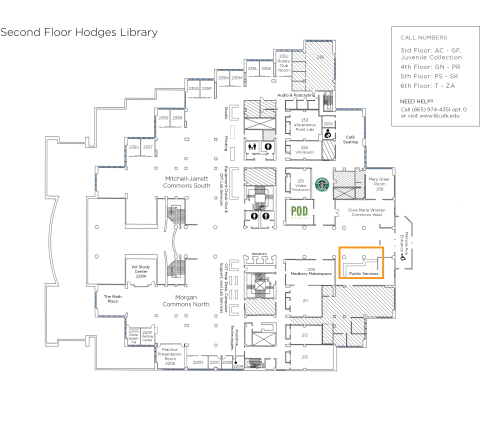 map of Hodges Library 2nd floor highlighting the location of the public services desk