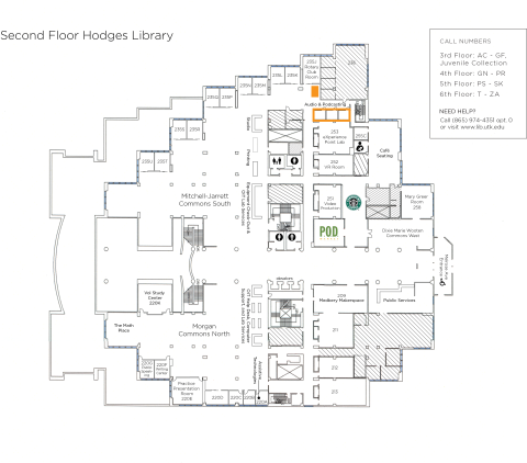 map of Hodges Library 2nd floor highlighting the location of audio studios