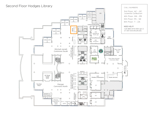 map of Hodges Library 2nd floor highlighting the location of the studio service desk
