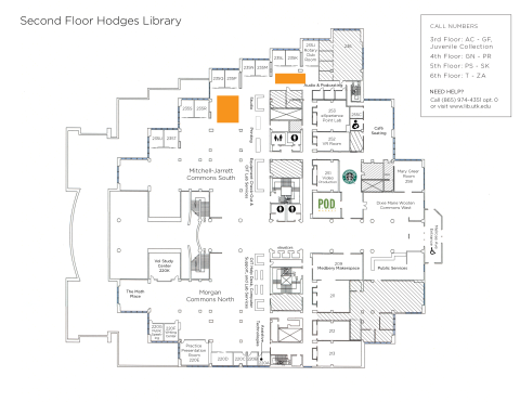 map of Hodges Library 2nd floor highlighting the location of studio media and design workstations