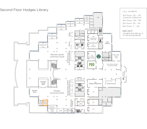 map of Hodges Library 2nd floor highlighting the location of the writing center in the commons north
