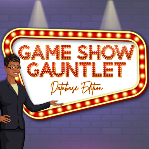 A screenshot showing the Game Show Gauntlet tutorial with a marquee in lights and the show host.