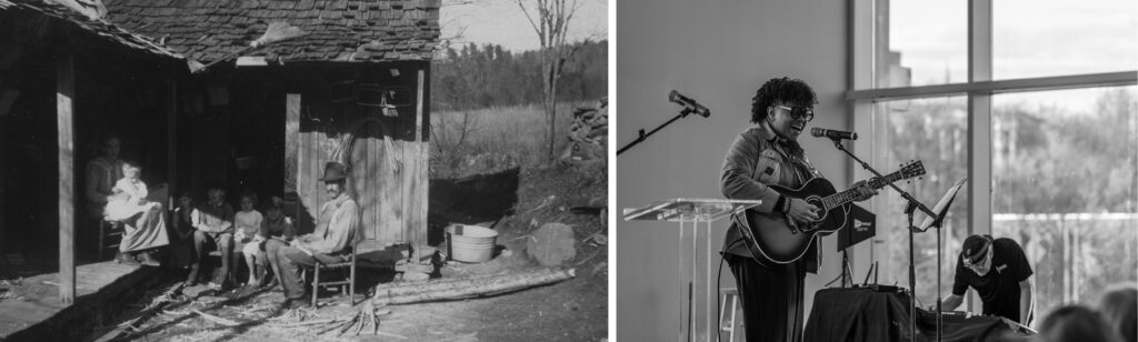 Left: Basket maker and family on porch, Sevier County, Tennessee, circa 1920 (From Pi Bet Phi to Arrowmont digital collection, UT Libraries). Right: Appalachian singer-songwriter Amythyst Kiah performs in Knoxville, Tennessee, 2024 (UT Libraries).