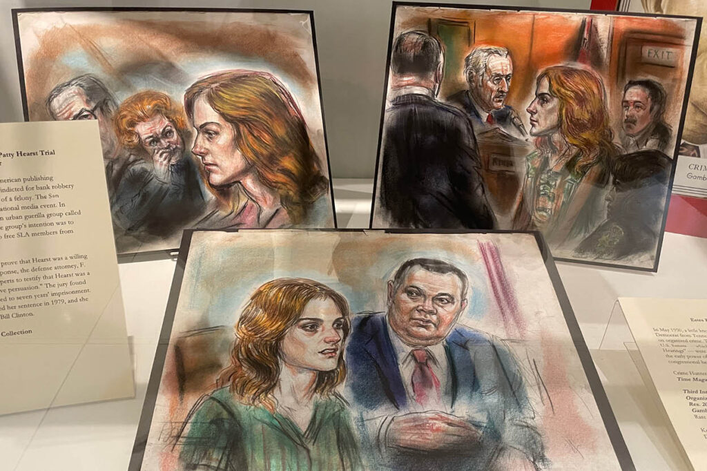 three colorful courtroom drawings