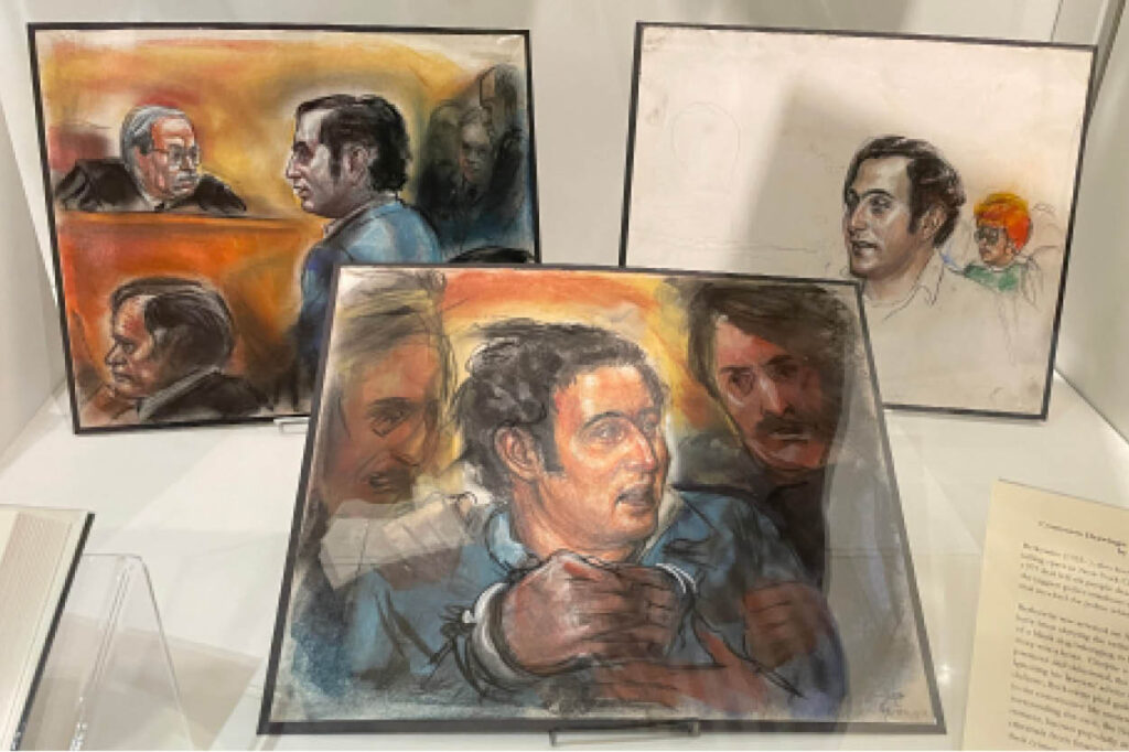 three colorful courtroom drawings