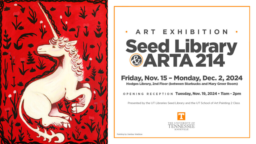 poster for Seed Library & ARTA 214 art exhibition, Nov. 15 – Dec. 2, 2024