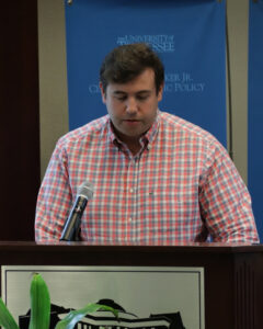 Tyler Schlandt presenting the Paul E. Trentham, Sr., Library Partner Award